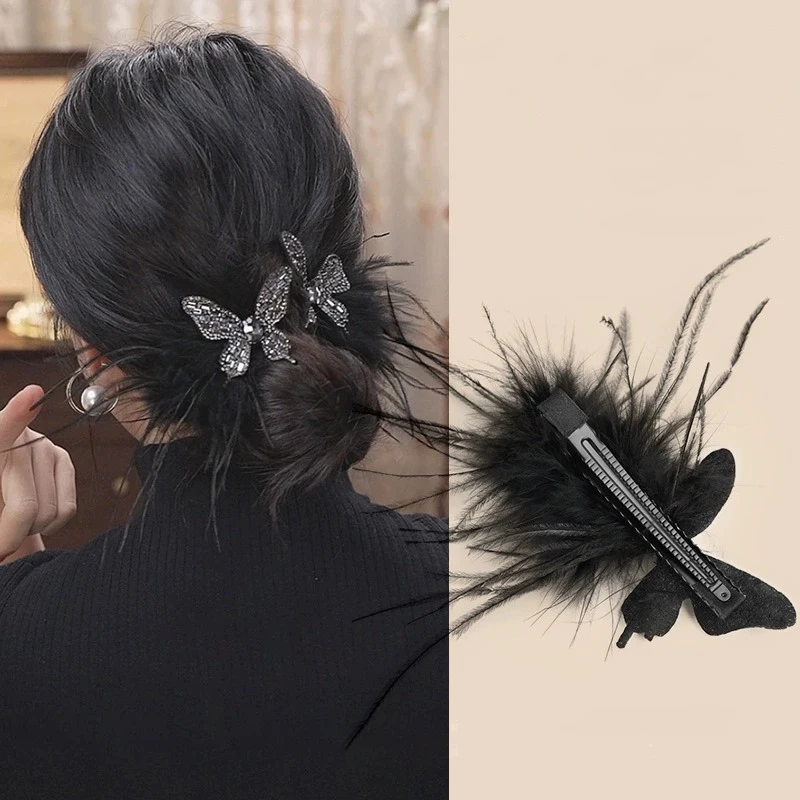 1Pair Shiny Rhinestone Butterfly Hair Clips Black Feather Bangs Sided Clip Fashion Women Duck Tongue Clips Girl Fairy Headwear