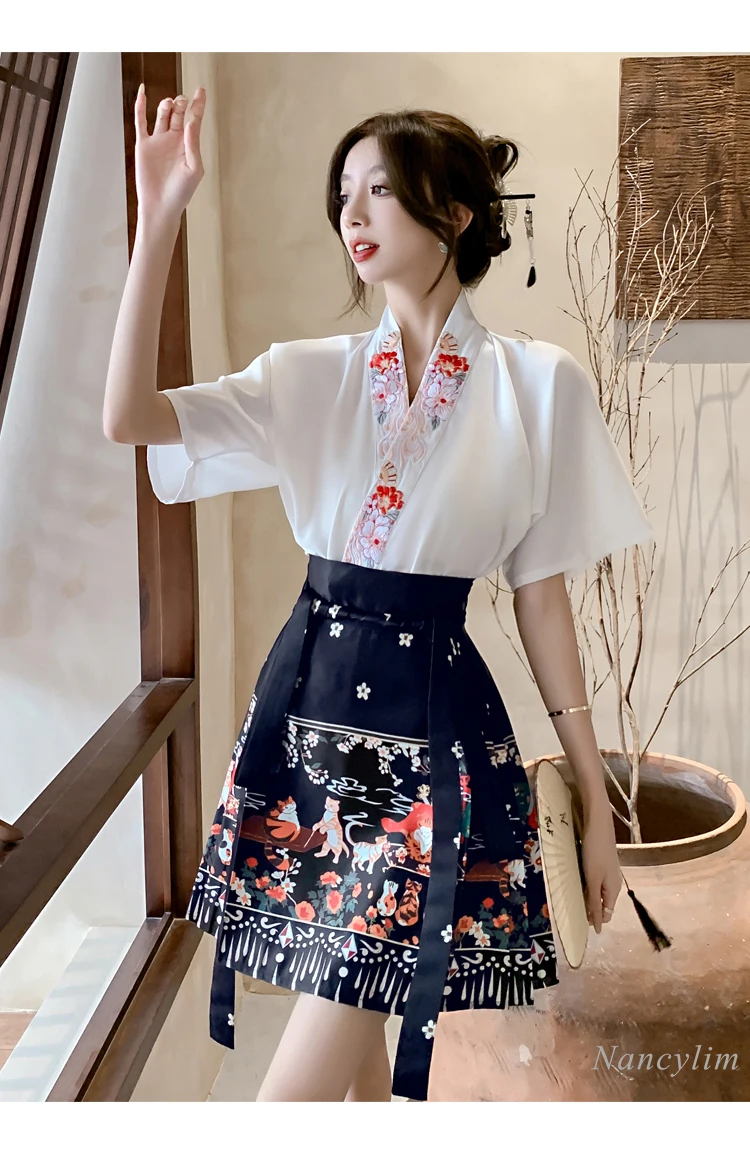 Short Horse-Face Skirt Suit Women\'s 2 Piece Set 2024 New Summer Embroidered Blouse Chinese Style Improved Hanfu Skirt Outfits