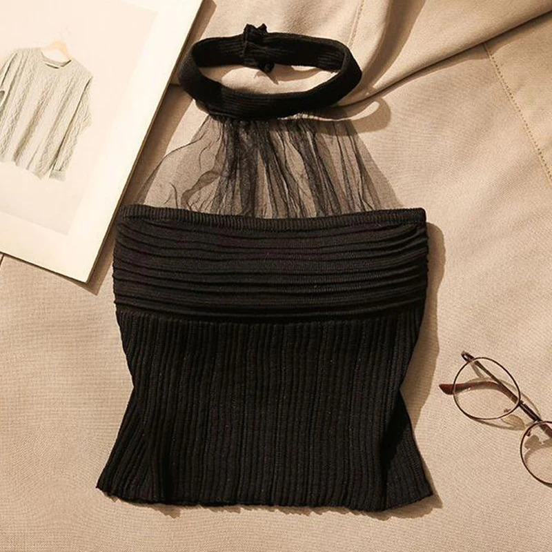 Women Top Halter Sexy Mesh Patchwork Pure Desire Outerwear Summer Sweet Spicy Tops