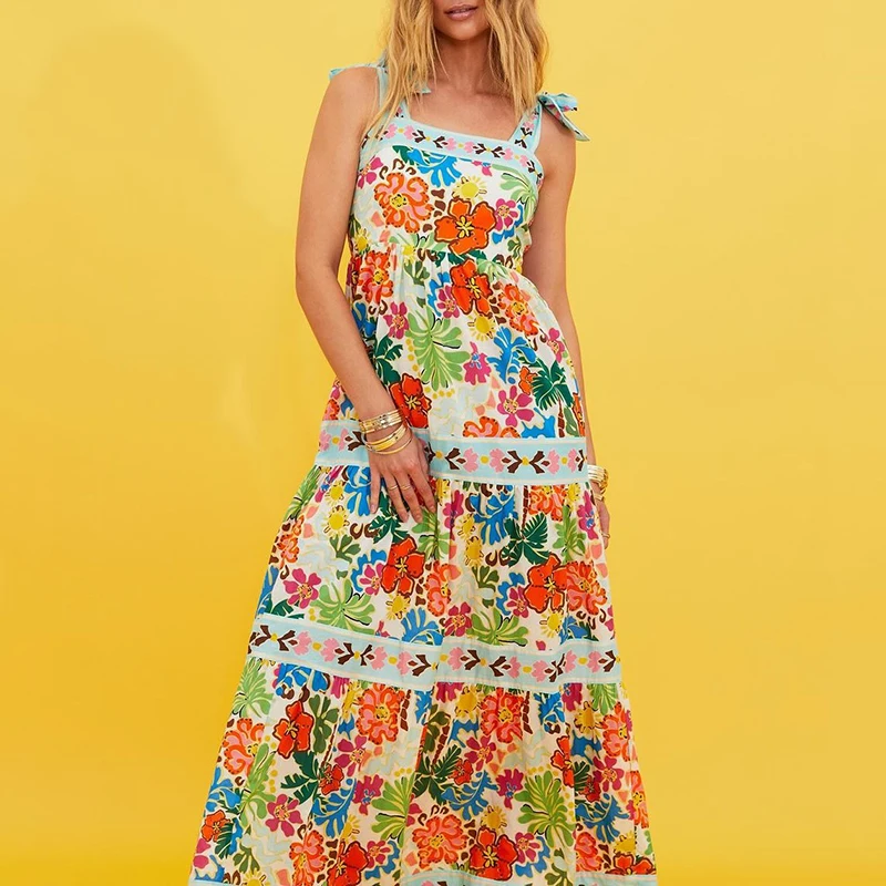 Vestidos de vacaciones plisados con estampado Floral a la moda, vestido largo con tirantes finos de verano, vestido bohemio sin mangas de corte bajo para playa, vestido Sexy