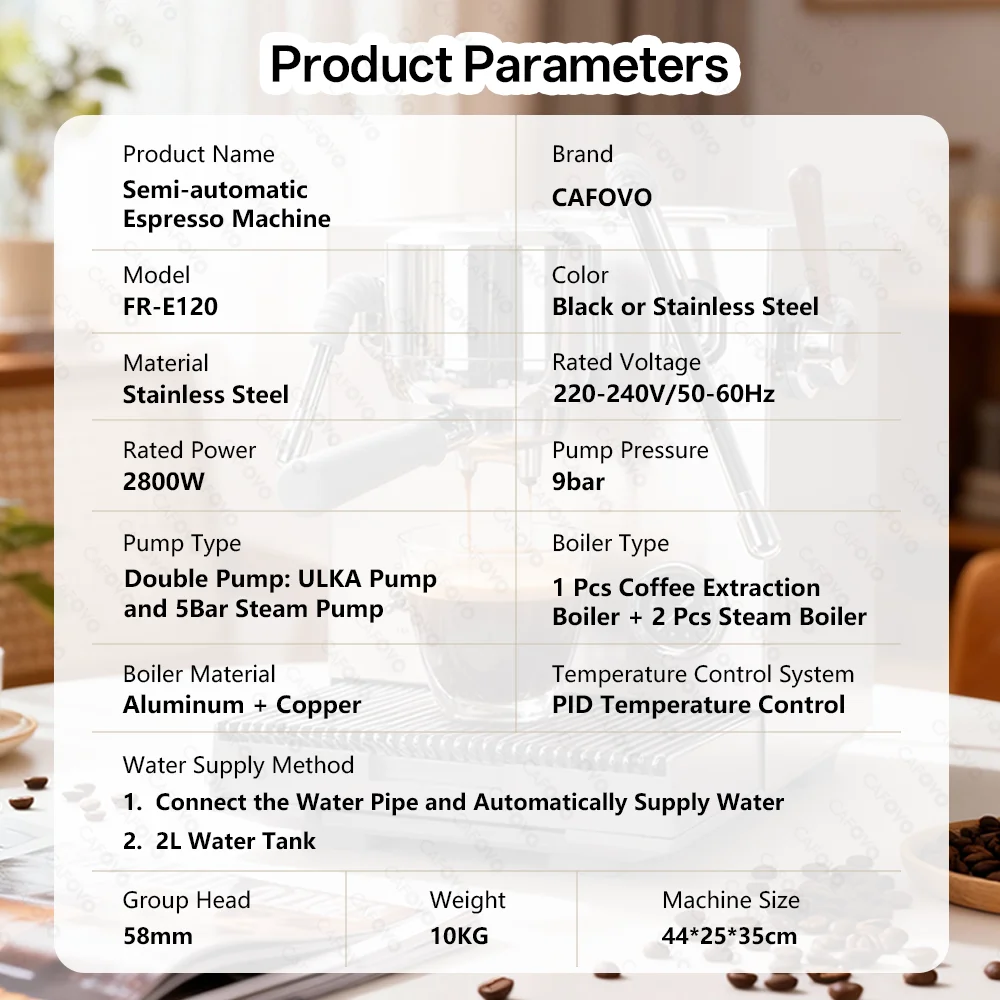CAFOVO E120 9바 상업용 듀얼 보일러 에스프레소 머신 ULKA 펌프 OPV 시스템 OLED 디스플레이 카페 커피 메이커 220V