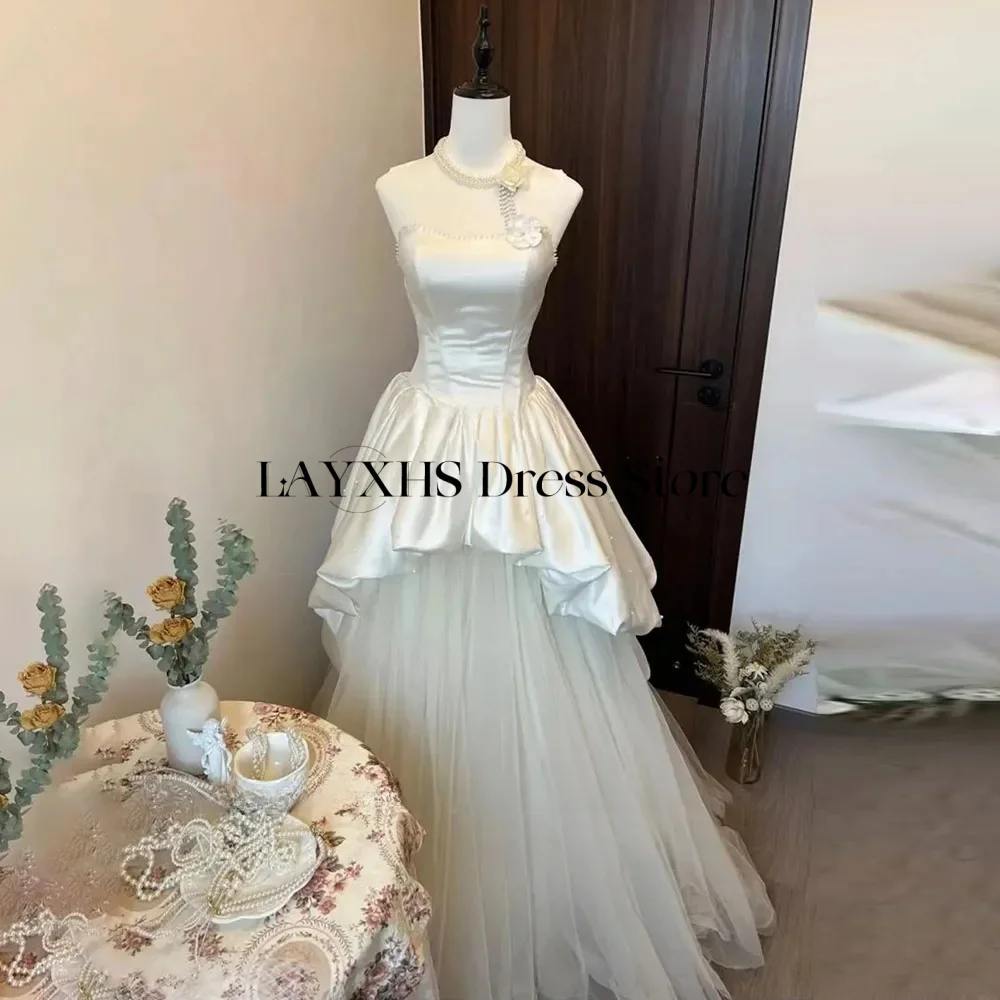 Suknie ślubne księżniczki z koralikami, dekolt typu halter, Korea, sesja zdjęciowa, satyna, tiul, kwiaty, linia A, ecru, damskie suknie ślubne, szyte na miarę 2025