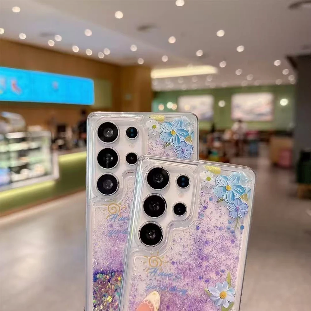 Luminous Sequins Glitter Quicksand Case For Samsung S25 S24 S23 Ultra Glitter Flower Bling Clear TPU Cover