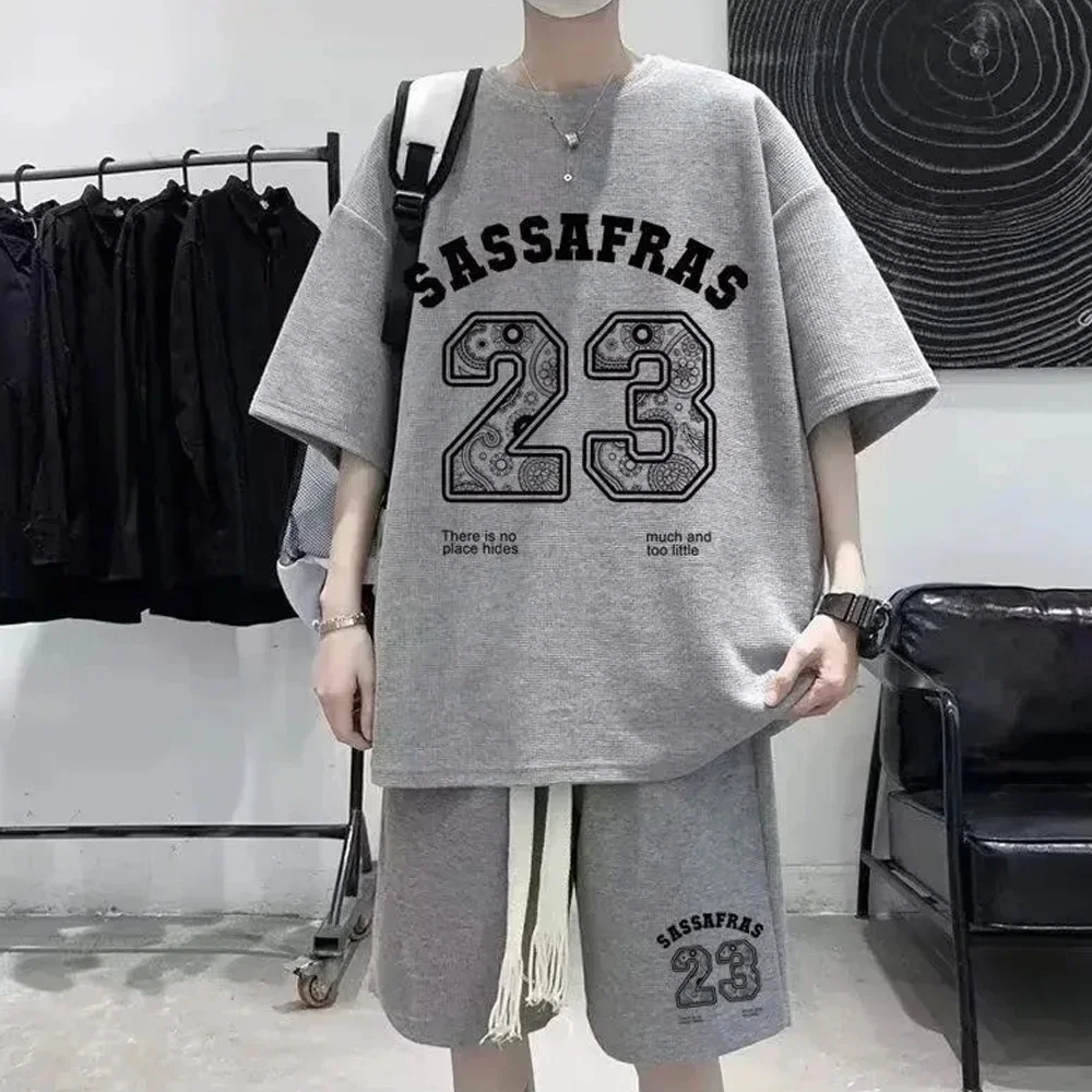 

American Basketball Sports Casual Set Men's Fashion Brand Matching Set Waffle T-shirt Men's Short Sleeve Shorts Men's Clothes