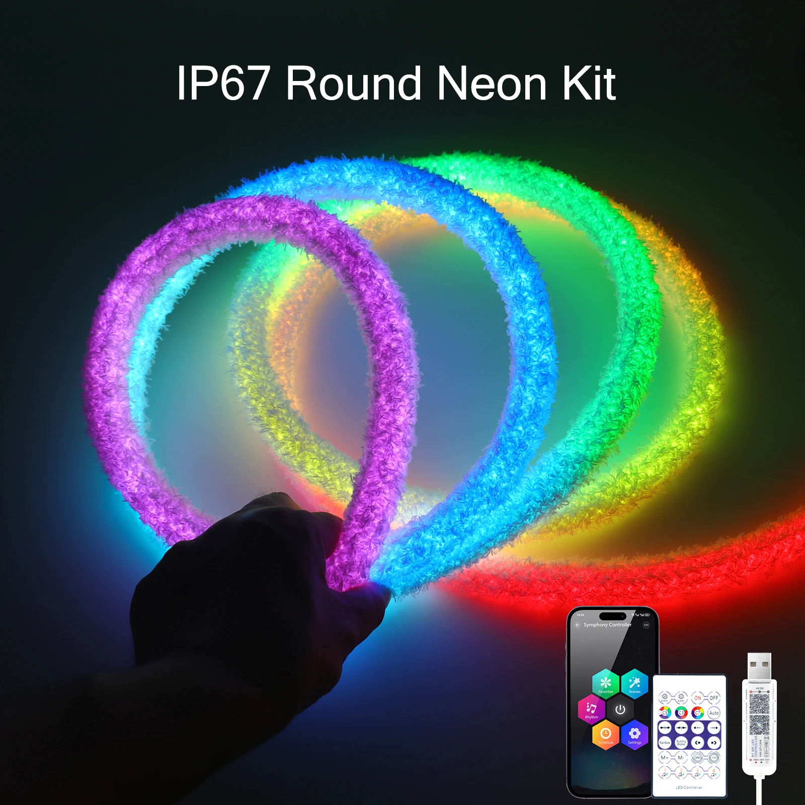 DC5V IP67 원형 RGB 네온 라이트 스트립, 앱 및 리모컨으로 색상 변경 가능, 방수, 음악 동기화 LED 스트립, 침실, 실내외 장식용