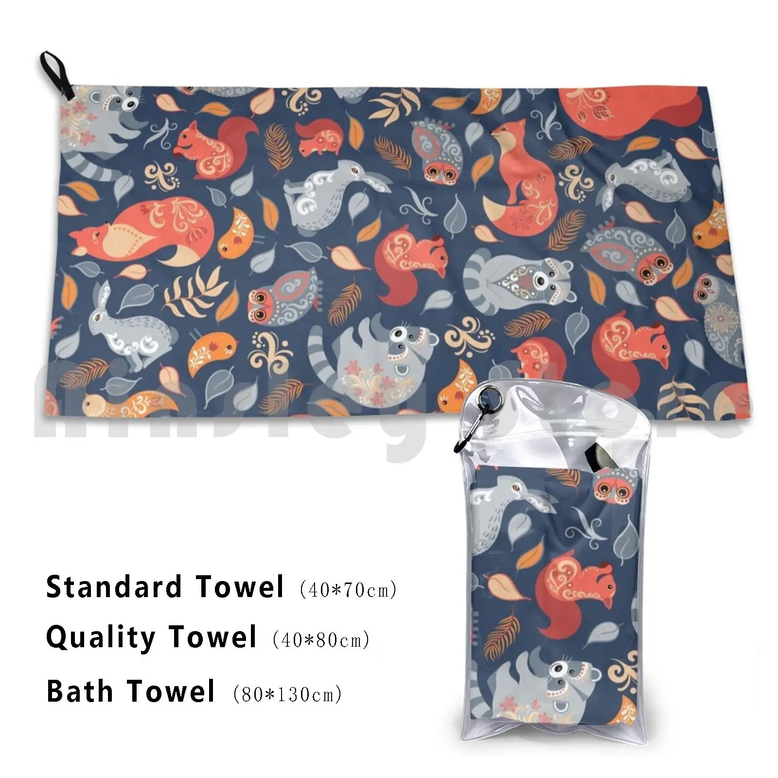 Fairy-Tale Forest. Scandinavian Design. Bath Towel Beach Cushion 1331 Fox Bear Raccoon Cute Animals Blue