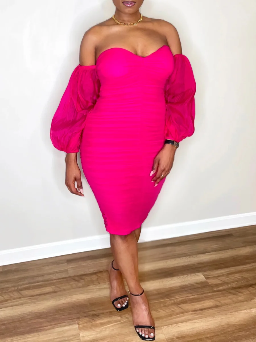 LW SXY Plus Size Off The Shoulder See Through Ruched Dress Women Fall Dress Solid Color Long Sleeve Bateau Neck Mid Calf Dress