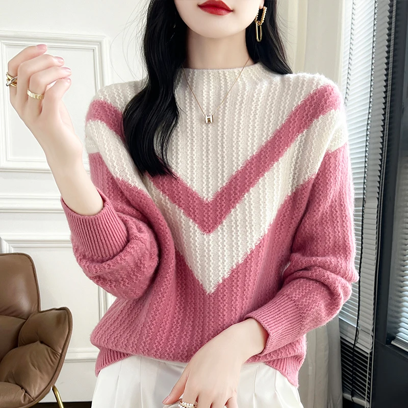 New Women\'s Clothing Autumn Winter 100% Wool Thickened Knitted Pullover Loose Large Size Tops Contrasting Color Stand Up Collar