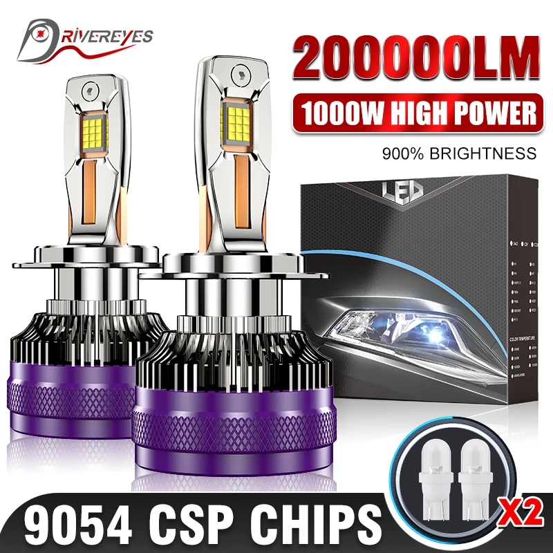 H7 LED H4 200000LM 1000W H11 Car Headlights H3 H8 H1 HB3 9005 HB4 9006 9012 HIR2 H9 18PCS 9054 CSP Turbo Fan Canbus Decoder 2PCS