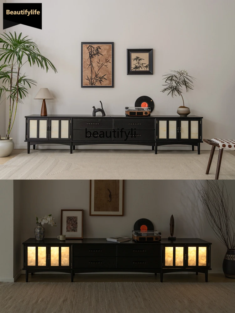 

C06 Suying TV Cabinet French Vintage Solid Wood Black High-End Floor-Standing Living Room Long TV Cabinet