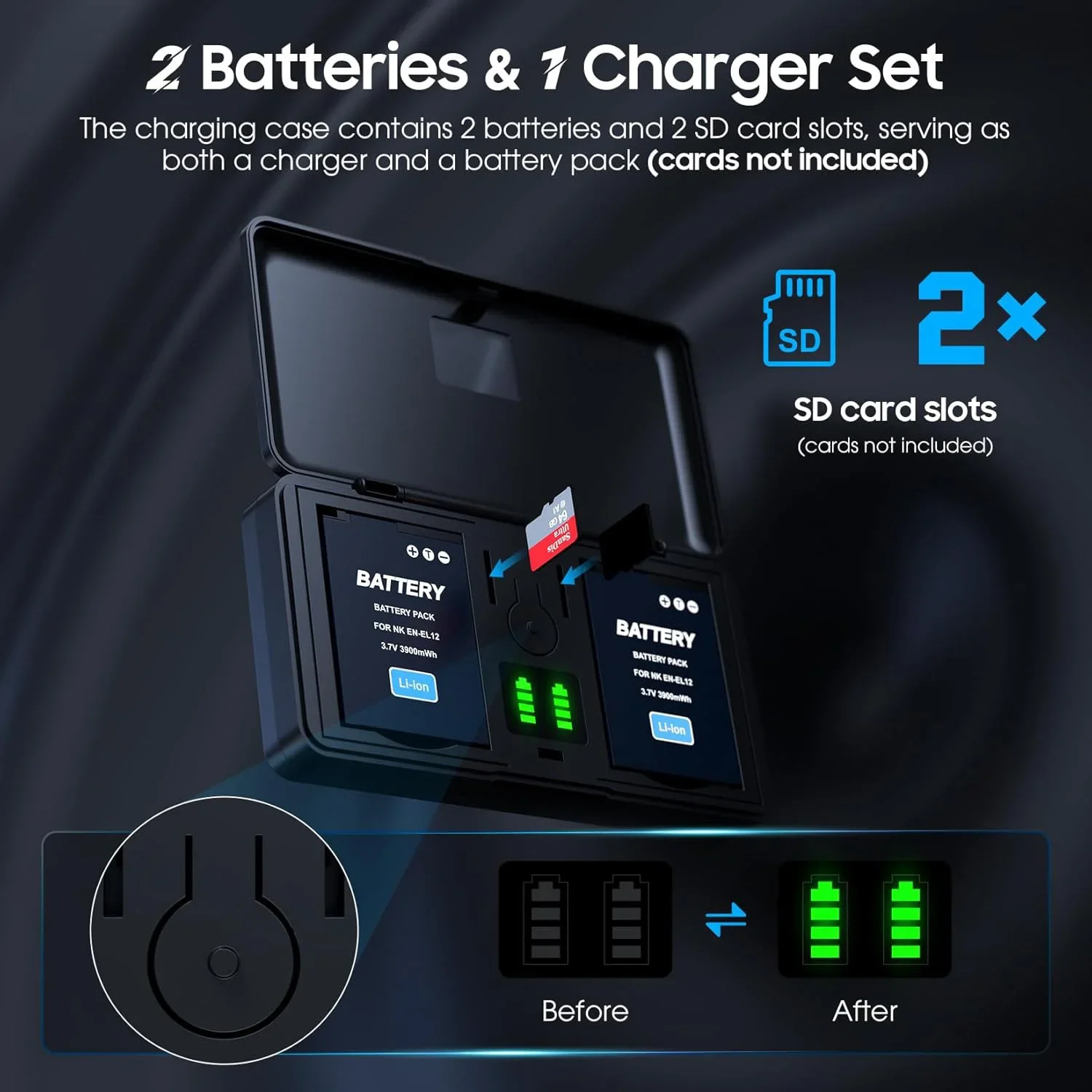 EN-EL12 Battery and Charger Set, for Nikon Coolpix 9900,S9500,S9300,S9100,S8200,S8000,S6300,S6200,S6100,A900,AW110,MH-65