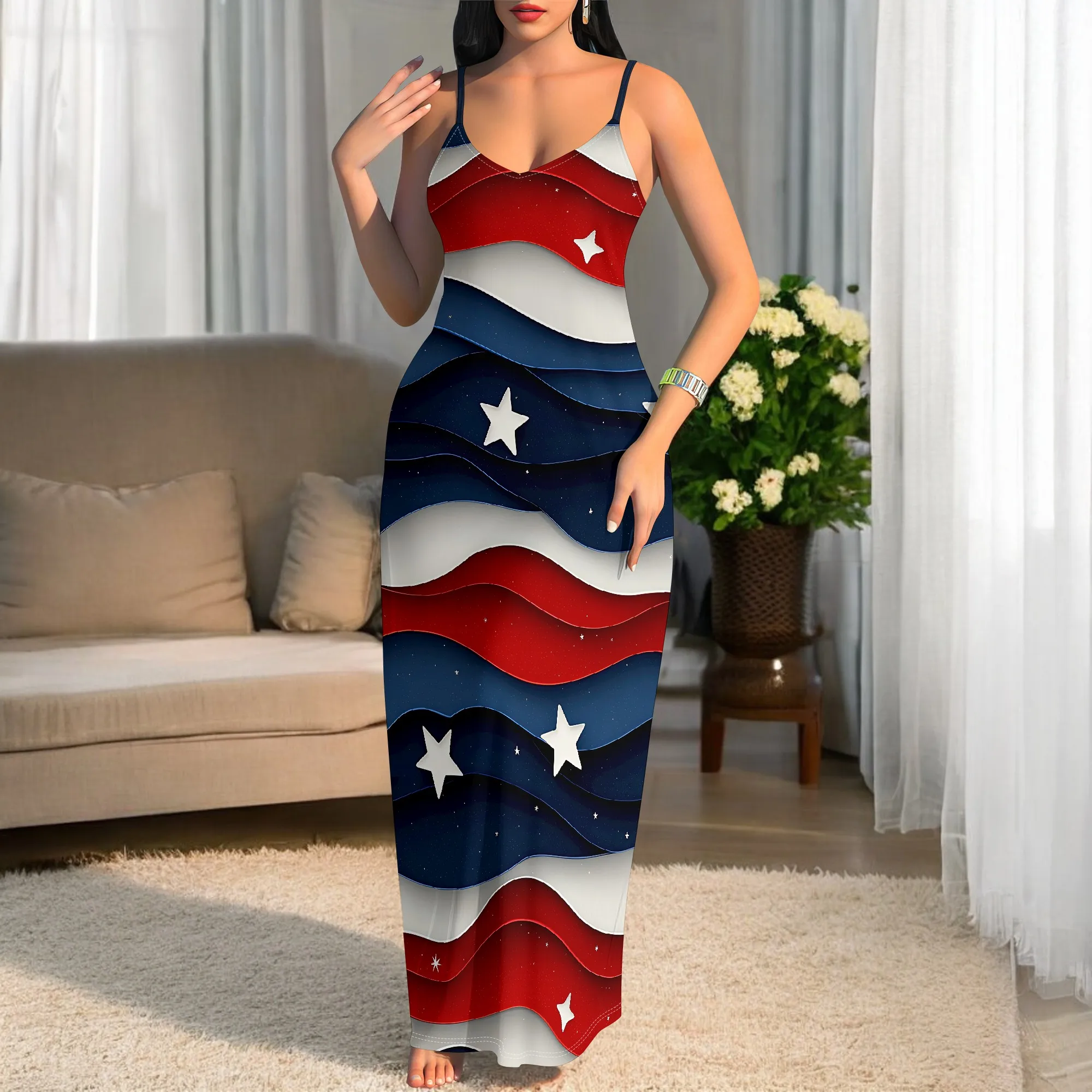 

Elegant Women's Spaghetti Strap Maxi Dress Bodycon Patriotic Star Print 4th of July Party Dress S-3XL