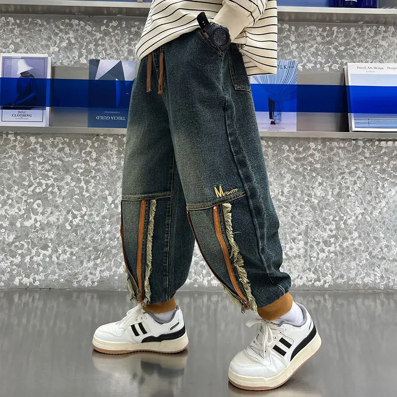 

Осень-зима, свободные повседневные длинные брюки унисекс, детские утолщенные джинсы на флисовой подкладке в стиле ретро для мальчиков