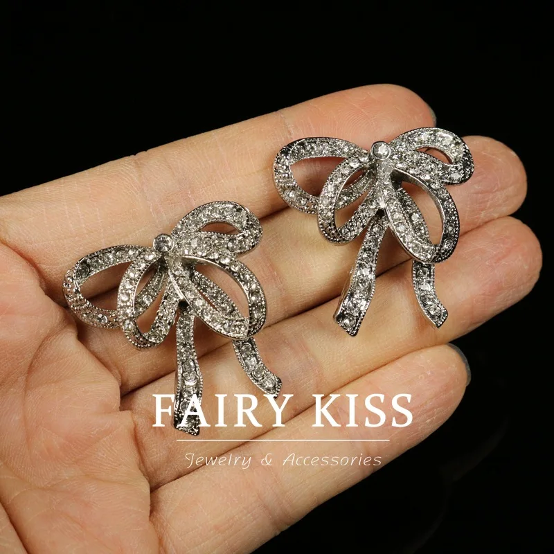 Medieval exquisite diamond-encrusted bow earrings temperament earrings 925 silver needles jewelry