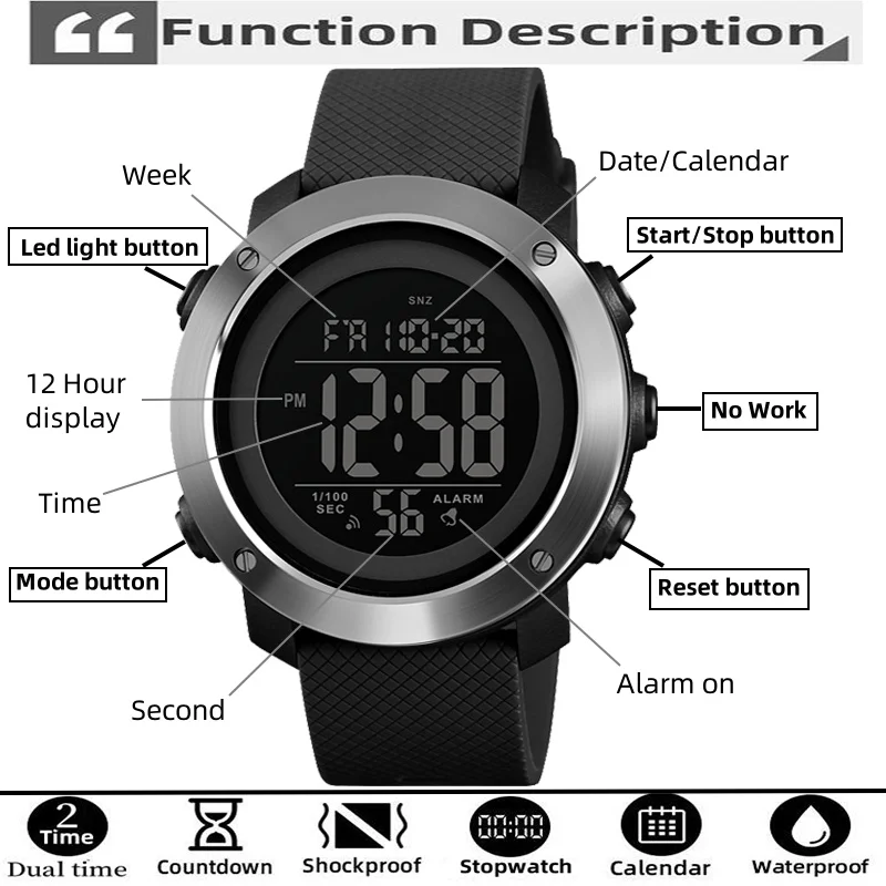 Skmei Men\'s Digital Sport\'s Watches Fashion PU Strap 50M Waterproof Led Chronograph Casual Wristwatch Male Alarm Clock