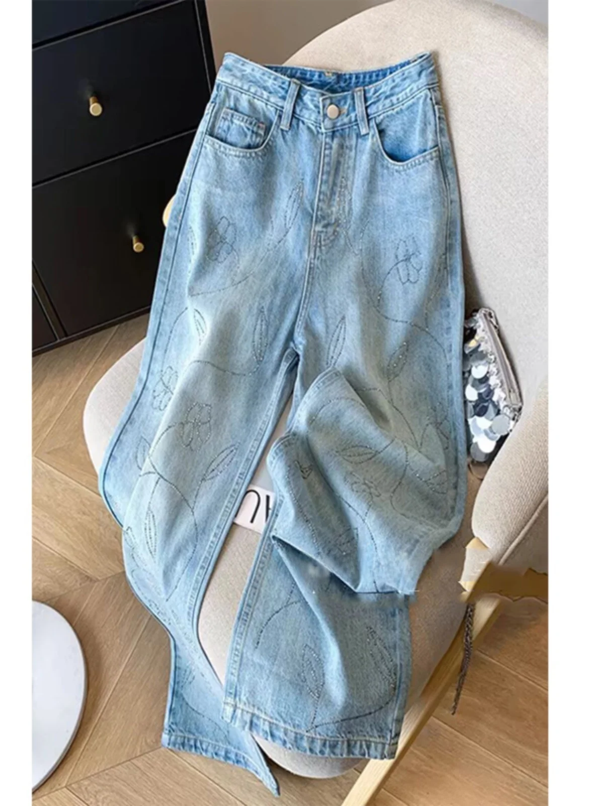 

Spring Design Heavy Duty Rhinestone Straight Leg Denim Jeans Women's Slim Wide Leg Pants Cotton Stretch Blue High Waist Long ...