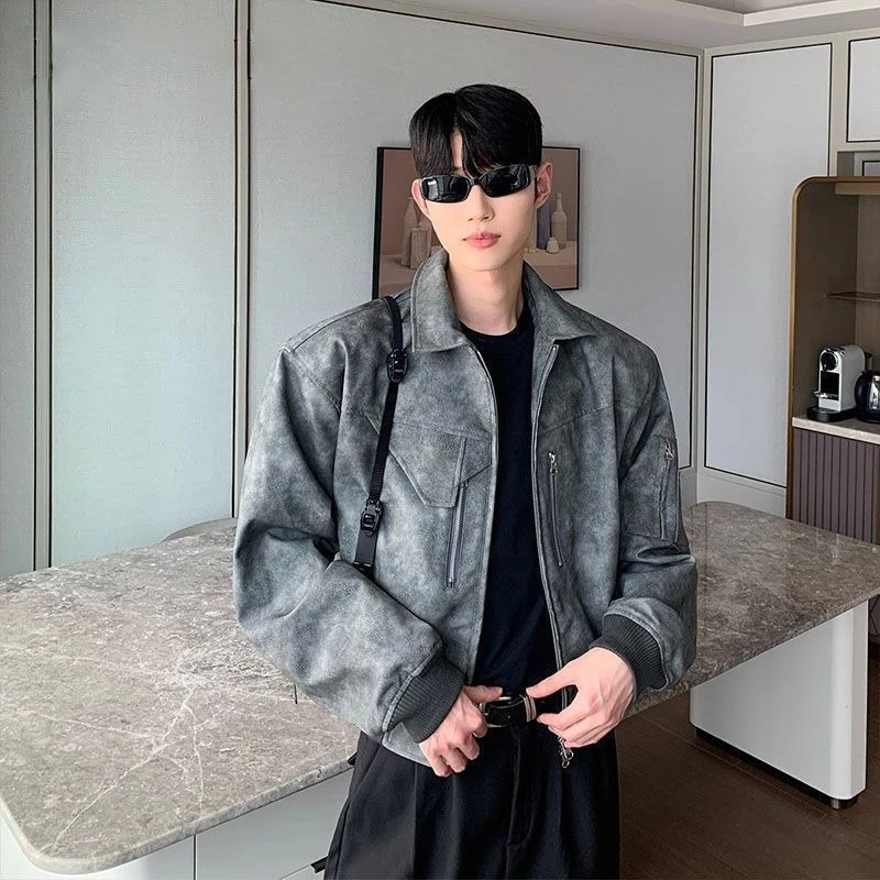 

Trendy Slim Fit PU Coat Men's Retro Washed Biker Jacket Lightweight Spring Autumn Outerwear​