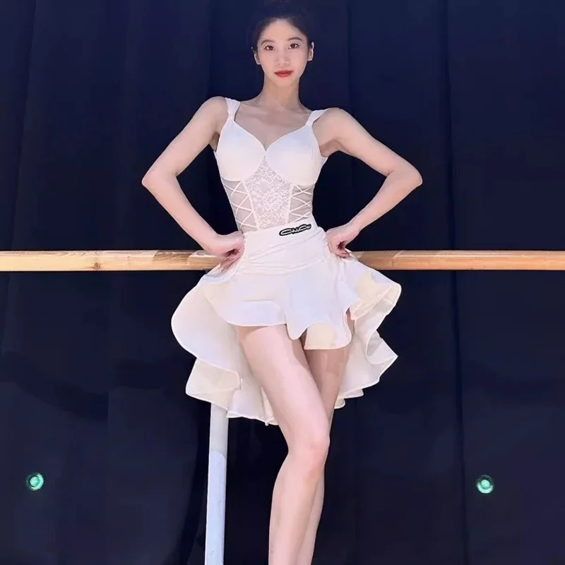 Women Latin Dance Dress Outfits Lace Bra Jumpsuits Tops Ruffled Skirt Adult Female Dance Competition Stage Performance Costumes