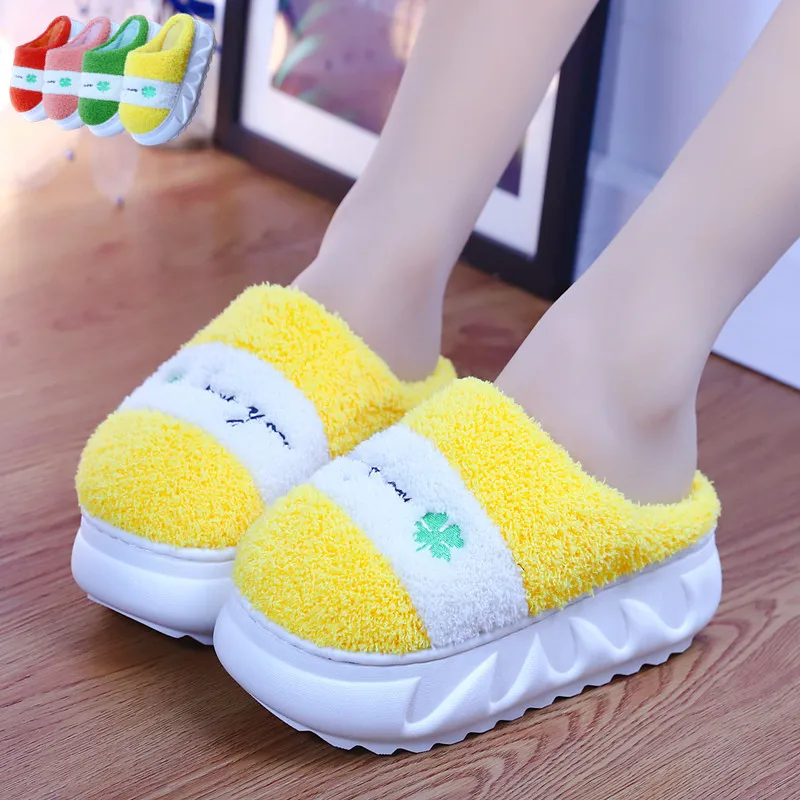 Green Leaf Thick Sole Furry Slippers Girls Indoor Flip Flop Winter Slides Fuzzy Slippers Woman Platform Home Shoes Warm Slippers