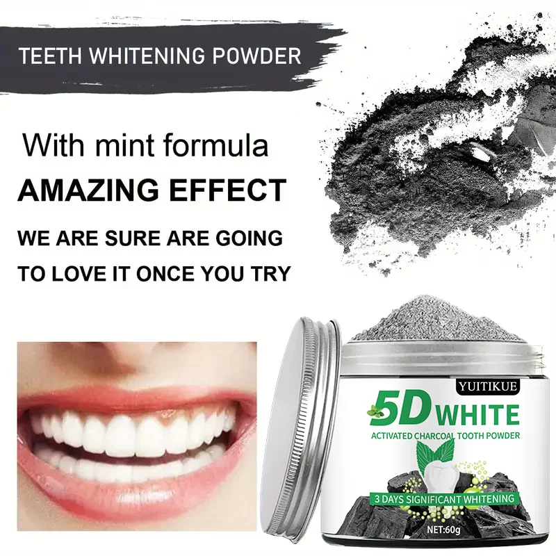 YUlTlKUE 5D White Activated charcoal Tooth Powder Natural Teeth Whitening Oral Care Fresh Breath 60g view 6