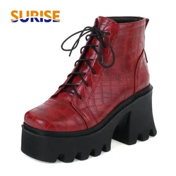 British Autumn Winter Ankle Boots Women Red Black Crocodile Microfiber High Thick Heel Party Dress Lady Square Toe Lace-up Shoes