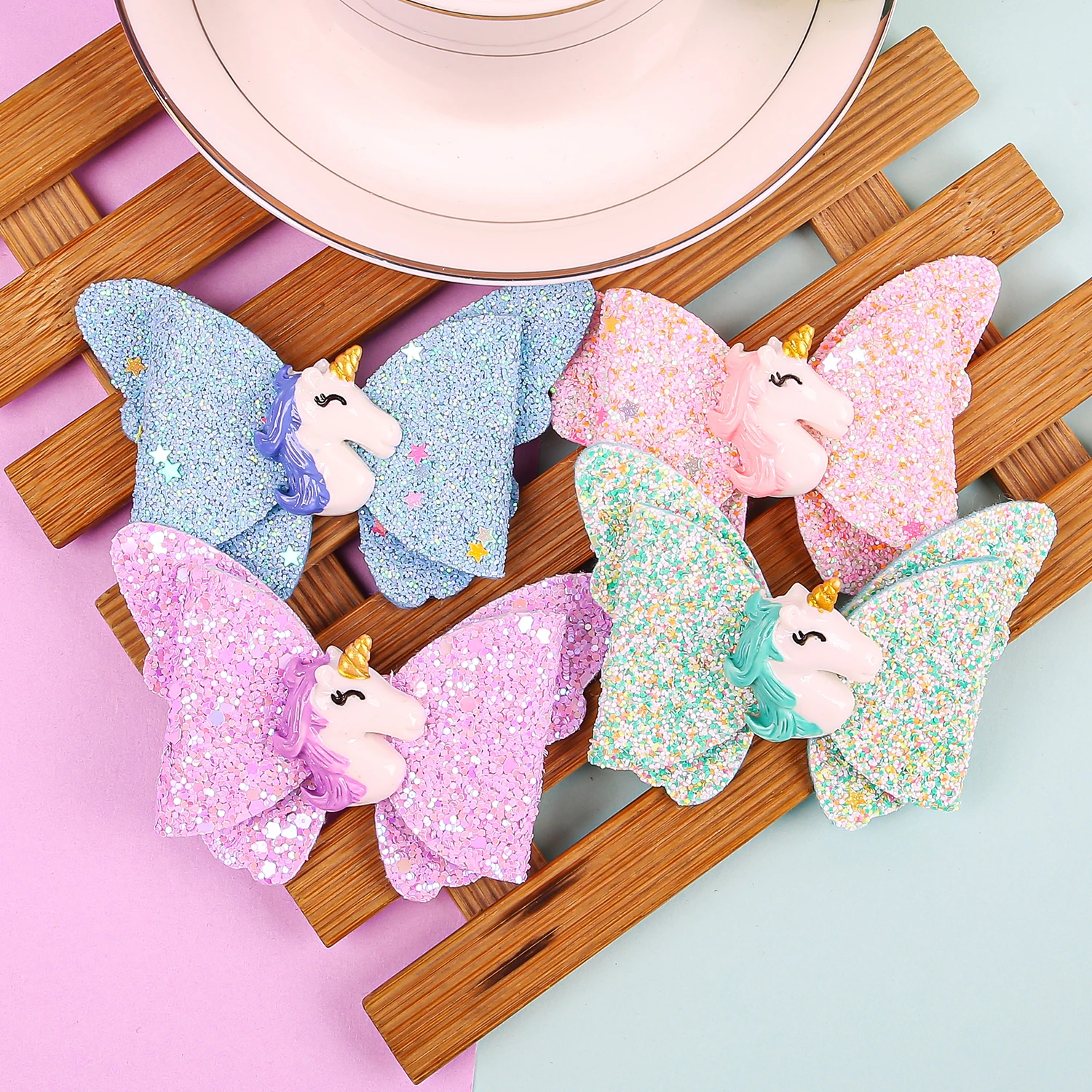 4PCS Cute Unicorn Hair Bows with Clip Girls 3inch Glitter Butterfly Hair Bows Hairpins Barrettes Kids Children Hair Acesssories