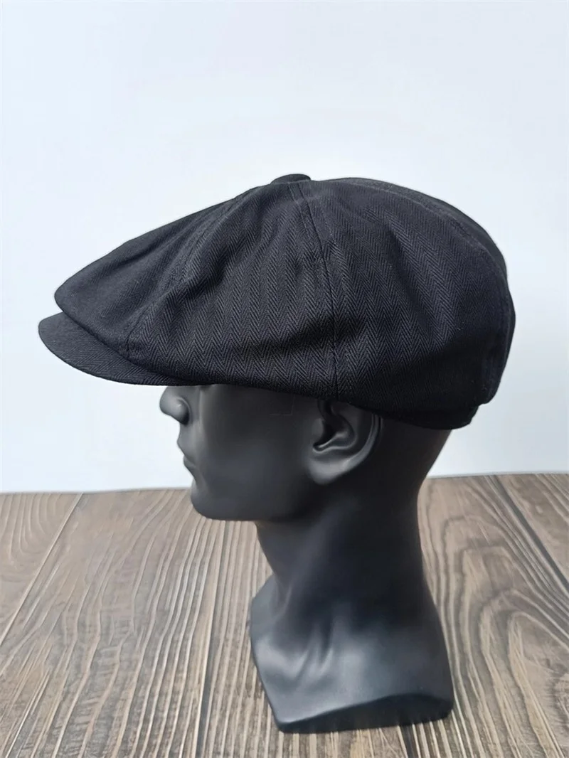 Natural Cotton Flat Cap Lightweight 8 Panel Summer Cooling Eco-Friendly Newsboy Hat  Oversize Black Color Golf Outdoor