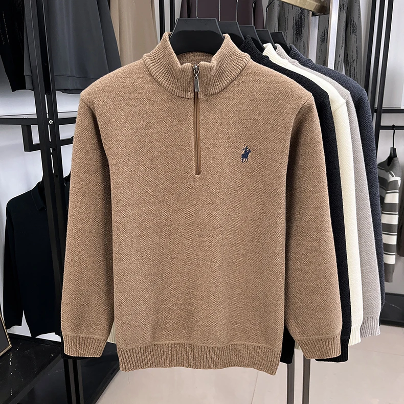 High-End-Markenpullover mit Reißverschluss und Stehkragen für Herren lässige Mode klassische Paul-Stickerei Winter neuer warmer Strickpullover aus Plüsch – Detail 16