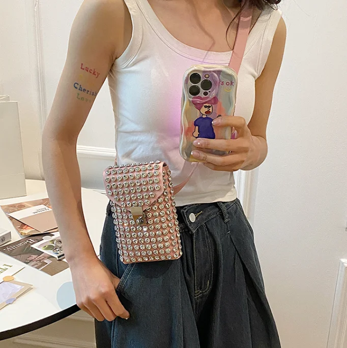 فاخر كامل حجر الراين المرأة الهاتف الخصر أكياس انفصال بولي Leather حزام خصر جلد سلسلة الأحذية حقيبة كتف Crossbody حزمة B1 #2