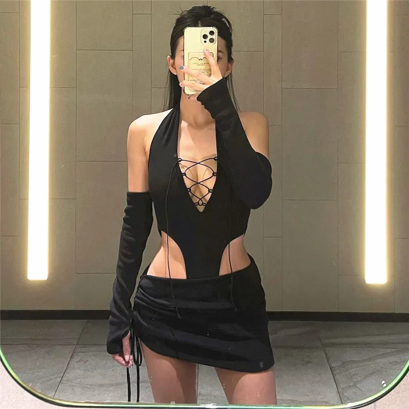 DSMTRC New Gothic Hollowed Bandage Backless Bodysuit With Low-waist Draw-string Mini Skirt Outfits Sexy Y2K Skinny 2 Piece Sets