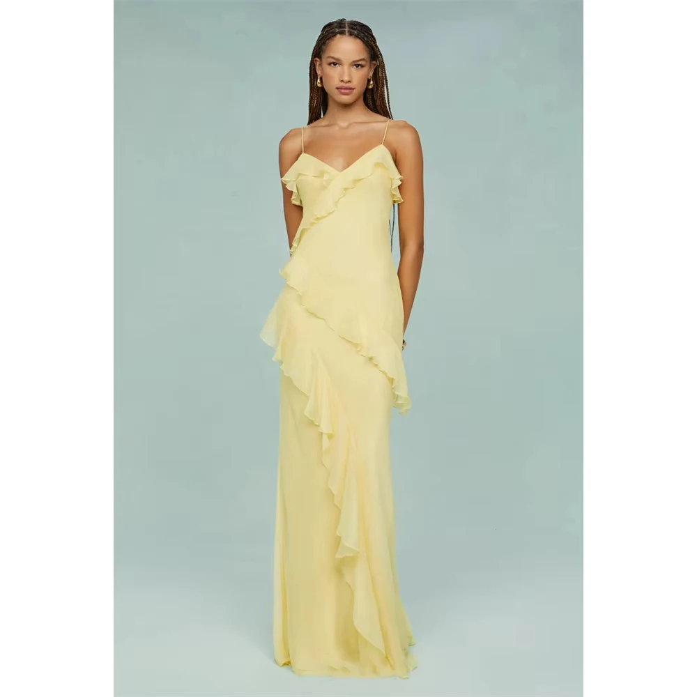

Customized Yellow Spaghetti Strap Chiffon Prom Dresses 2025 Sleeveless Edge Curl vestidos de noiva Floor-Length Evening Dress