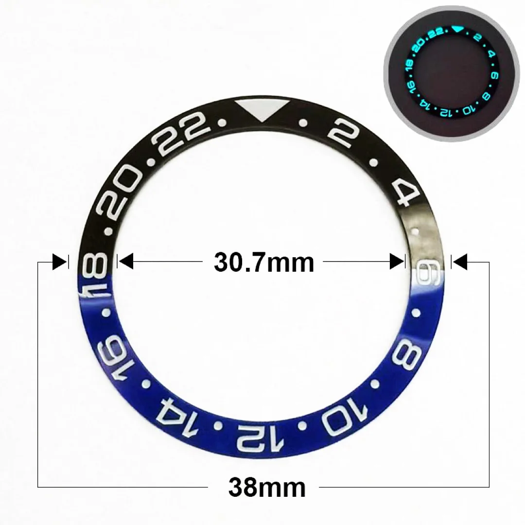 38mm GMT C3 Green Blue Luminous Ceramic Bezel Insert Fit 40mm Watch Case Insert Ring With NH36 NH35 Movement Matte