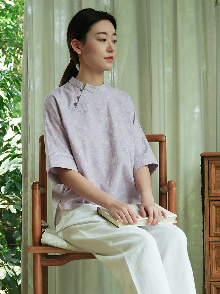 

Женская блузка из хлопка и льна, фиолетовая, в стиле Zen, традиционный китайский костюм, летний топ, модная одежда