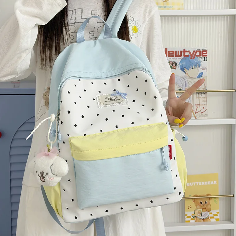 Schoolbag FemaleinsKorean-style backpack with contrasting color polka dots, college-style school backpack for middle and high sc
