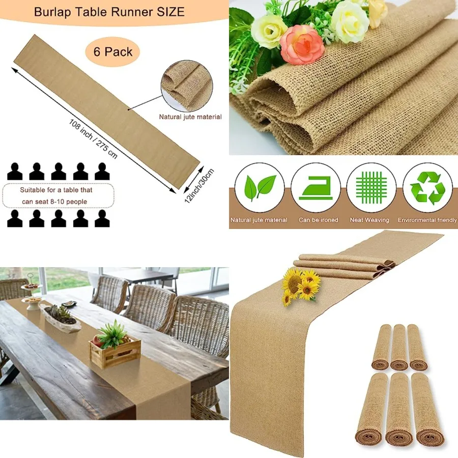 

Natural Burlap Table Runners, 12 x 108 Inch Rustic Jute Table Runner and Placemats Bulk for Western Wedding Table Decorations,