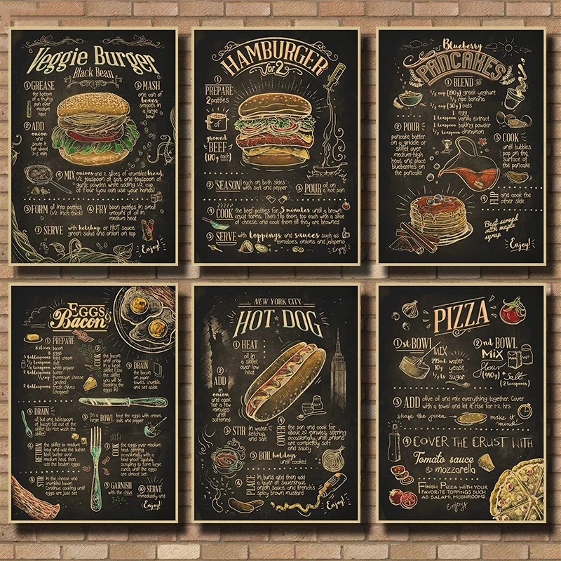 Retro Art Hamburger Pizza Steak Cooking Recipe Menu Poster Painting Wall Pictures For Kitchen Restaurant Decoration
