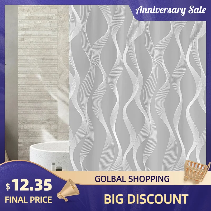 Grey Soft Shower Curtain Bath Curtains Waterproof Fabric Various Size With Hooks Bathroom Accessories Household Supplies