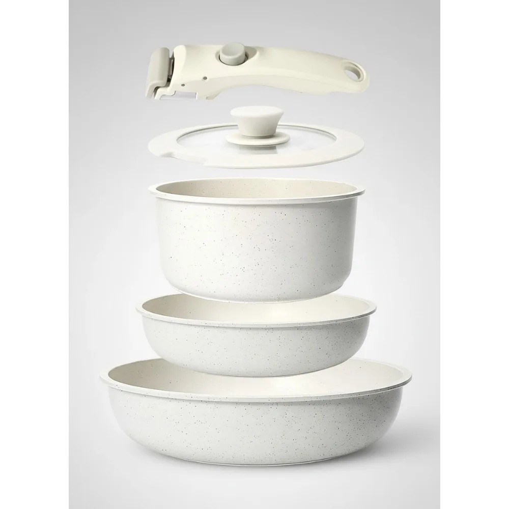 

Набор посуды с антипригарным покрытием из 5 предметов со съемной ручкой, совместимый с индукцией, безопасный для духовки для автофургона и кухни