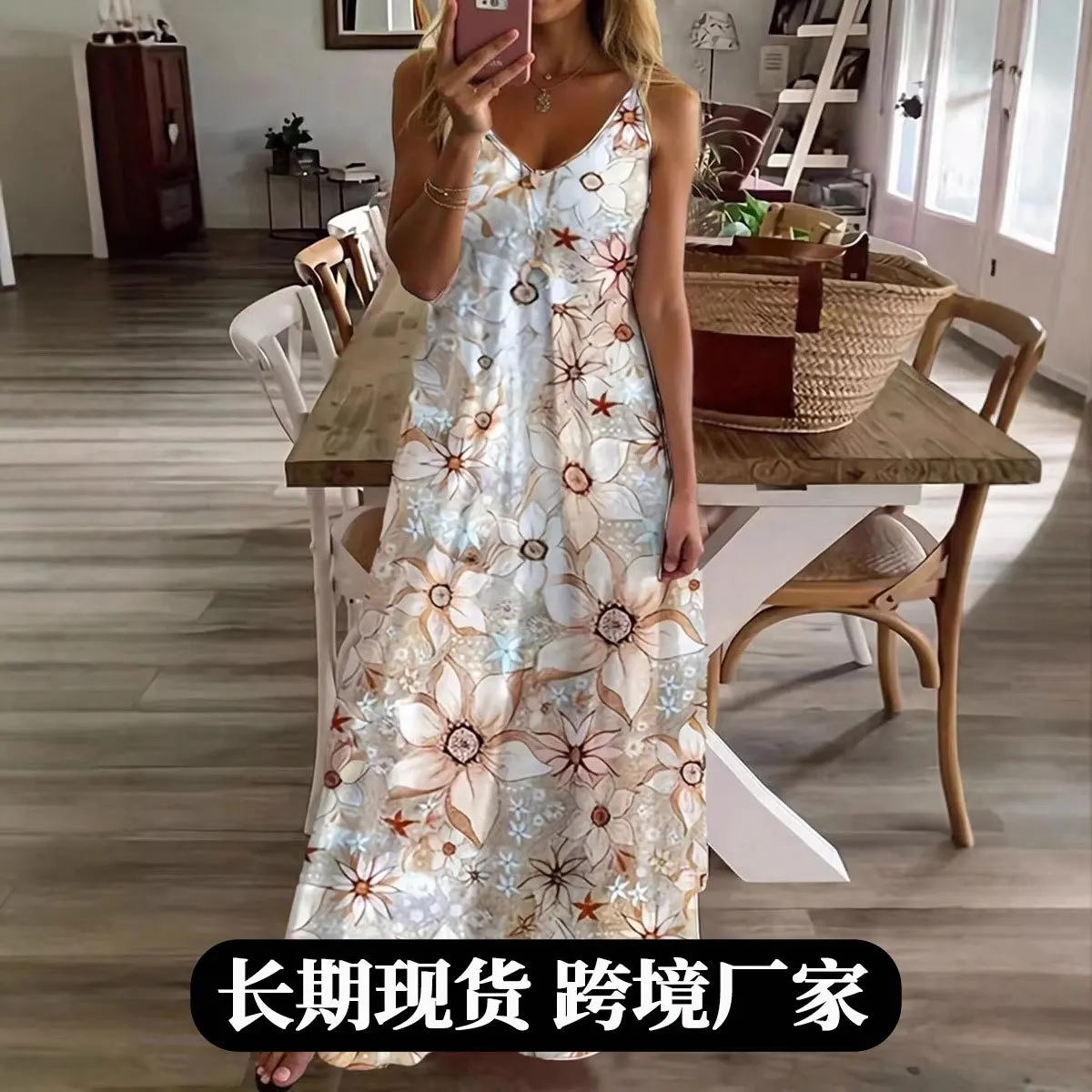 

2026 Summer Women's New Long Dress Printed Long Summer Dress Fake Style V-Neck Waist Women's Clothes