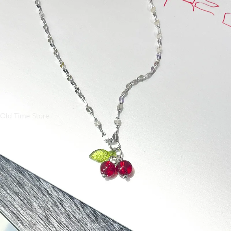 Stainless steel Cherry Necklace Natural stone beads pendant chain necklace Women's fashion wedding jewelry birthday gift