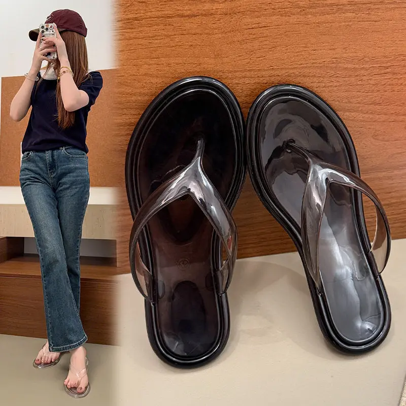 Summer New Clear Flip Flops New Ins Korean Style Non Slip Fashion Crystal Slippers Beach Seaside Vacation Thong Shoes