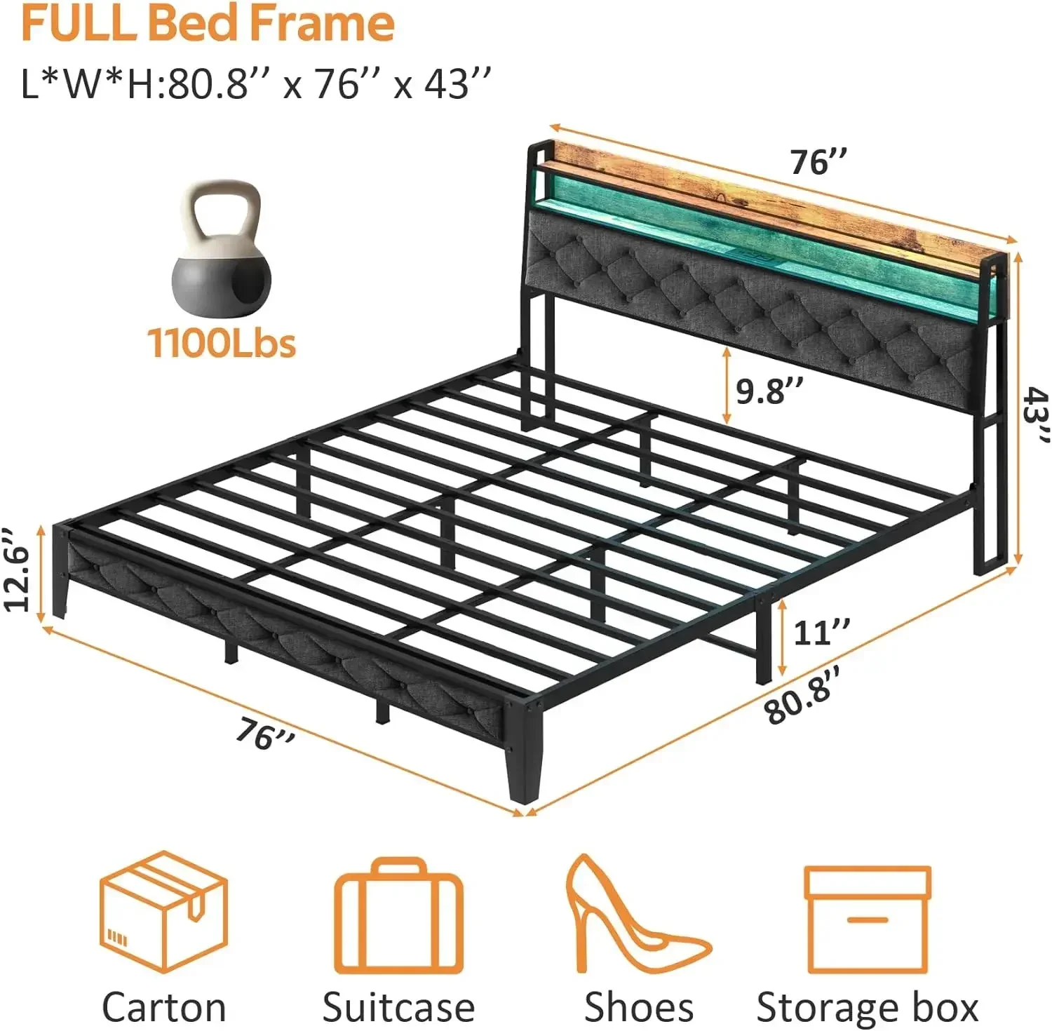 Full Size Bed Frame with LED Lights, Bed Frame with Charging Station, Metal Platform Bed Frame No Box Spring Needed, Easy Assemb