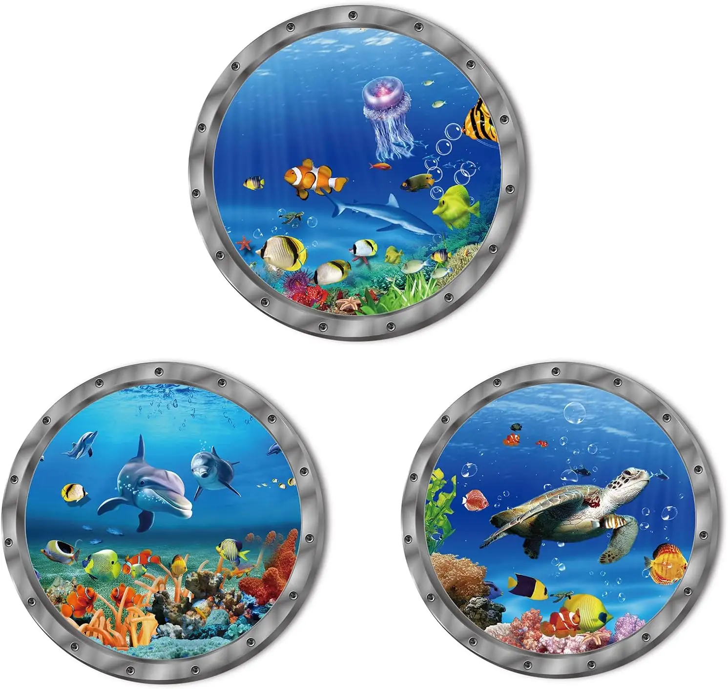

3D Ocean Animal Wall Stickers - 3 Pcs Removable Vinyl Decor for Bathroom, Bedroom