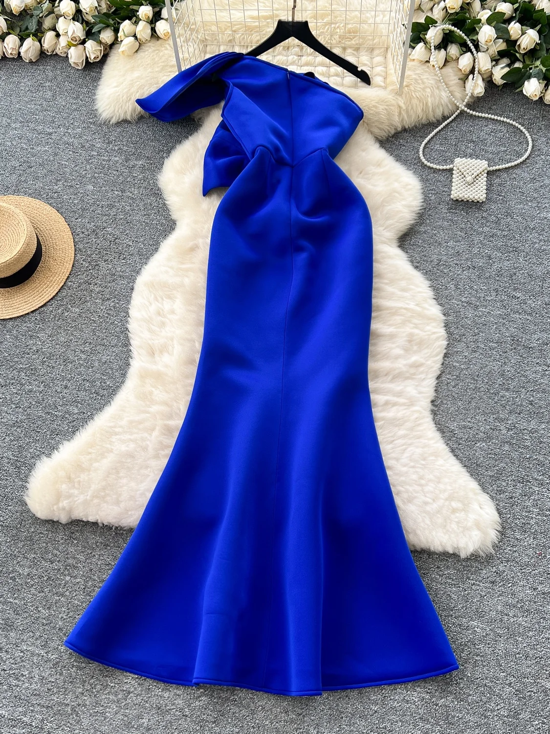 Abito da sera blu Design unico da donna Vita con nodo 3D Dimagrante oulder off Fi Tail Dr Coreano Sle Vita alta