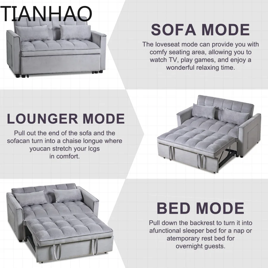 Convertible Sleeper Sofa Bed Modern Pull Out Couch Bed Adjustable Backrest Velvet Loveseat Futon Sofa with Pillows and P