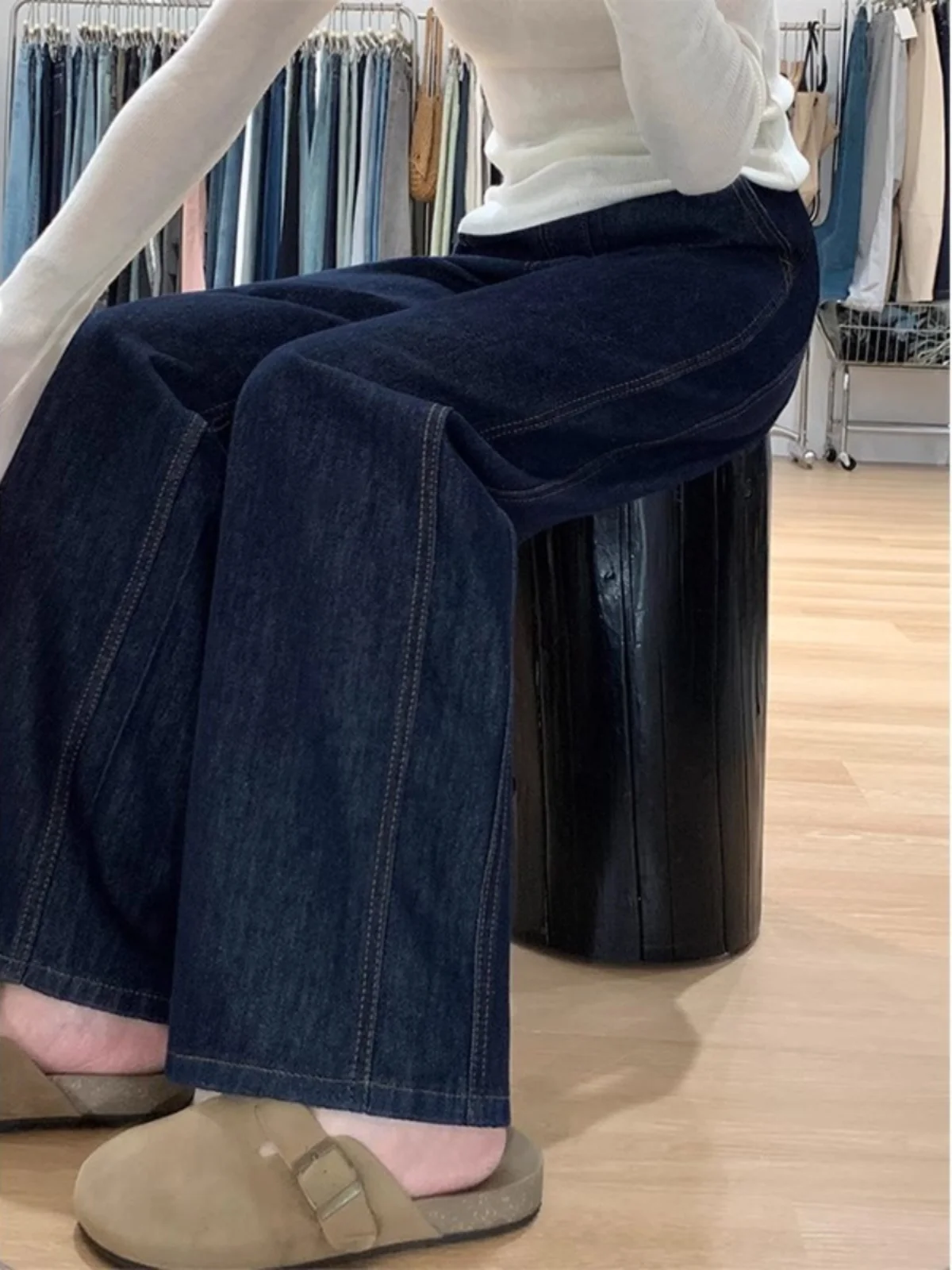 

Deep Blue High Waist Straight Leg Jeans Women's Autumn plus Size Casual Loose Drapey Wide Leg Floor-Length Pants Winter