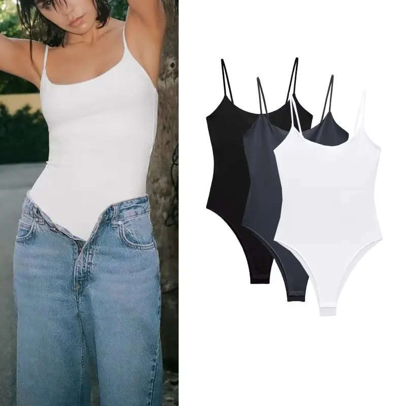 Spring New Casual Base Layer Top Thin Strap round Neck Jumpsuit Inner Wear Comfortable Polyester Fabric Office Commute Style
