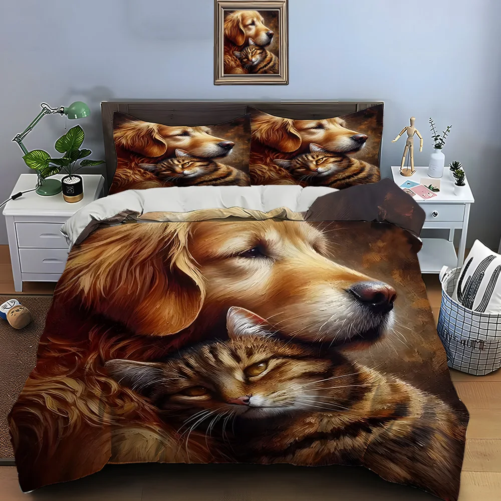 Warm dog and cat embrace painting Print Soft Comfortable Duvet Cover Bedding Set Included 1*Duvet Cover  2*Pillowcases