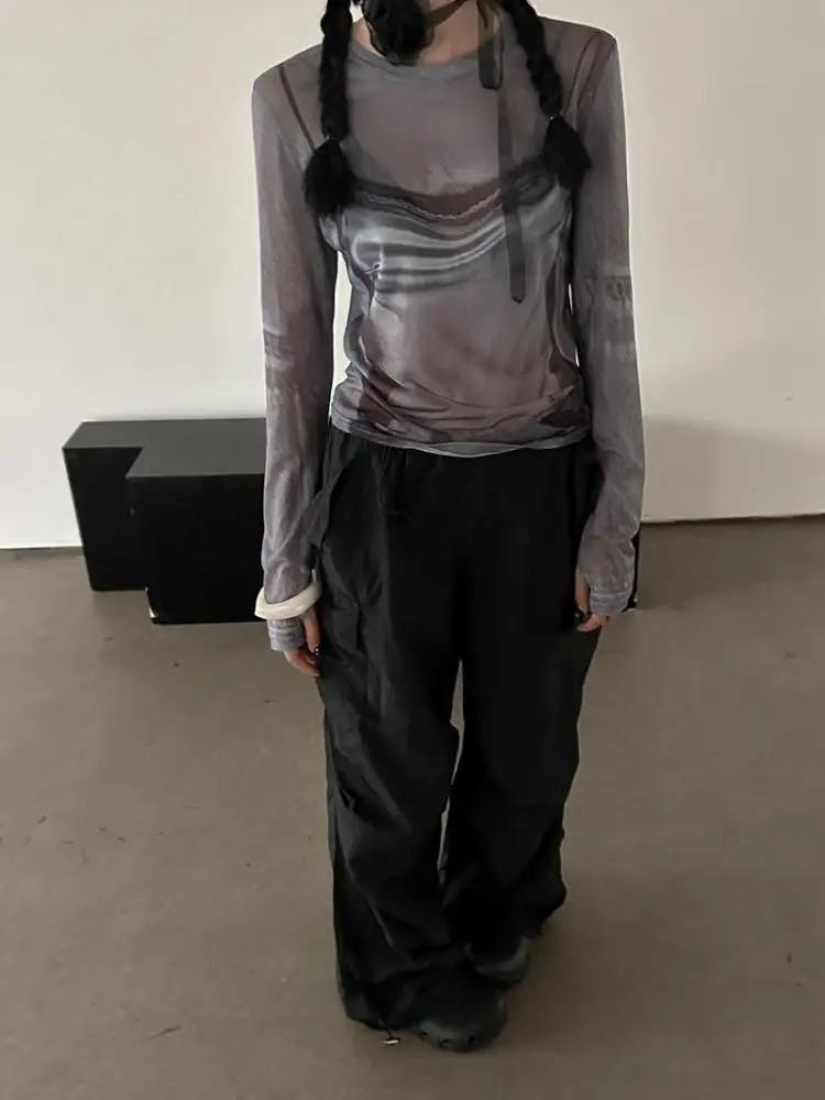 Yedinas Y2k Mesh Tops Long Sleeve T Shirt Women Clothes Sheer T Shirt Women Clothes Summer Tops Chic See Through Tees Tshirts