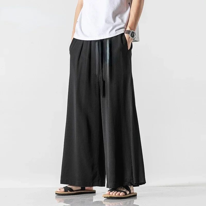 

Мужская одежда в китайском стиле, летние повседневные широкие брюки из тонкого ледяного шелка, свободные брюки большого размера хакама в стиле Харадзюку